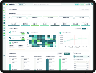 Multi-location dashboard with fuel key metrics, sales heat map and fuel inventory